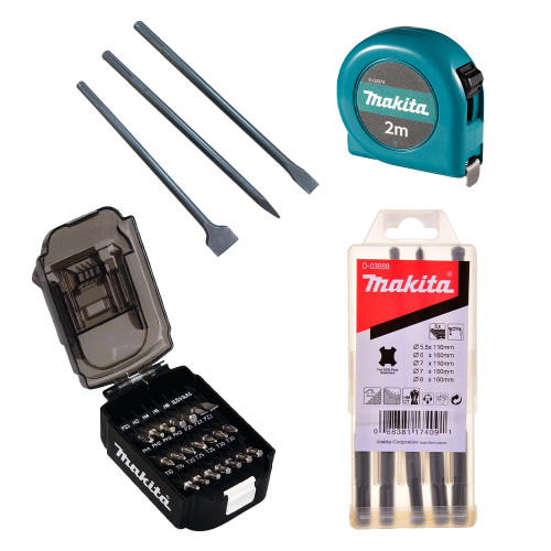 Makita 7 Piece SDS+ Chisel & Drill Bit Set, 21 Piece Screwdriver Bit Set & 2m Tape Measure image