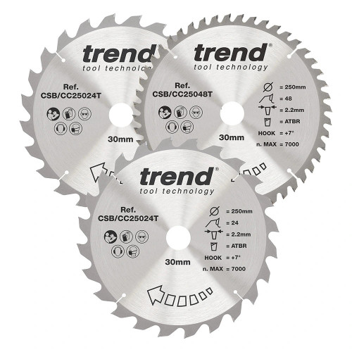 Trend 250mm x 30mm 24/48T Mitre Saw Wood Blades - Pack of 3 image