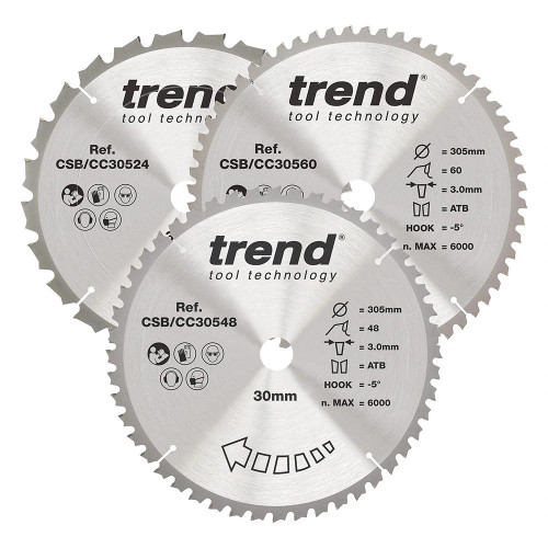Trend 305mm x 30mm 24/48/60T Mitre Saw Wood Blades - Pack of 3 image