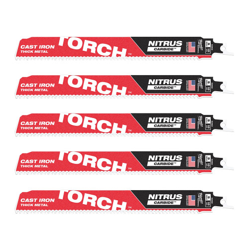 Milwaukee 230mm 8TPI Sawzall Heavy Duty TORCH NITRUS Recip Blades - Pack of 5 image Milwaukee 230mm 8TPI Sawzall Heavy Duty TORCH NITRUS Recip Blades - Pack of 5 image