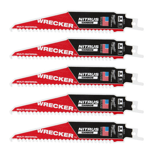 Milwaukee 150mm 6TPI Sawzall Heavy Duty NITRUS Carbide WRECKER Recip Blades - Pack of 5 image Milwaukee 150mm 6TPI Sawzall Heavy Duty NITRUS Carbide WRECKER Recip Blades - Pack of 5 image