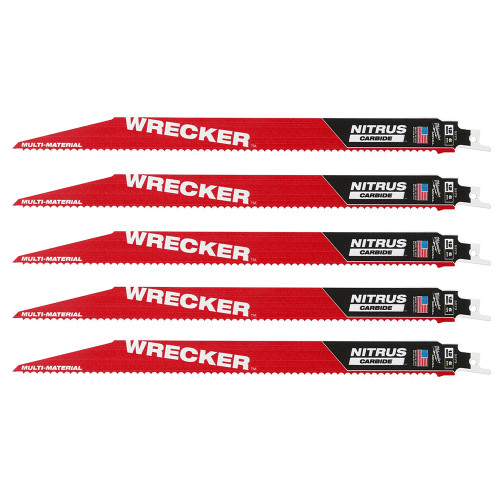 Milwaukee 300mm 6TPI Sawzall Heavy Duty NITRUS Carbide WRECKER Recip Blades - Pack of 5 image Milwaukee 300mm 6TPI Sawzall Heavy Duty NITRUS Carbide WRECKER Recip Blades - Pack of 5 image