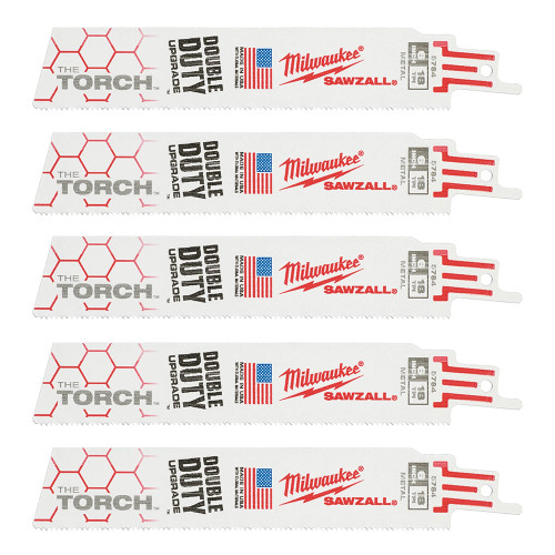 Milwaukee 150mm 18TPI Sawzall Heavy Duty TORCH Demolition Recip Blades - Pack of 5 image Milwaukee 150mm 18TPI Sawzall Heavy Duty TORCH Demolition Recip Blades - Pack of 5 image