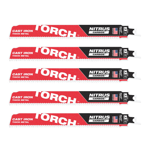 Milwaukee 230mm 10TPI Sawzall Heavy Duty TORCH Carbide TEETH Recip Blades - Pack of 5 image Milwaukee 230mm 10TPI Sawzall Heavy Duty TORCH Carbide TEETH Recip Blades - Pack of 5 image