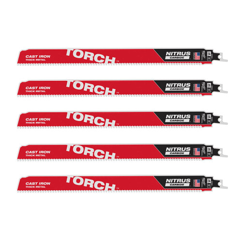 Milwaukee 300mm 10TPI Sawzall Heavy Duty TORCH Carbide TEETH Recip Blades - Pack of 5 image Milwaukee 300mm 10TPI Sawzall Heavy Duty TORCH Carbide TEETH Recip Blades - Pack of 5 image