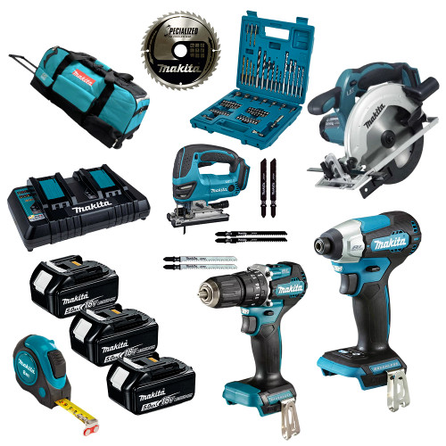 Makita 4 Piece 18V LXT Combi Drill, Impact Driver, Jigsaw, Circular Saw, 3x 5.0Ah Batteries, Dual Charger & Accessories image