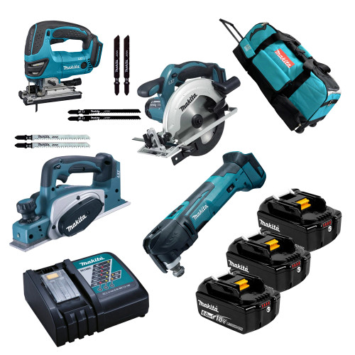Makita 4 Piece 18V Tool Kit, 3x 6.0Ah Batteries, Charger & Wheeled Bag image