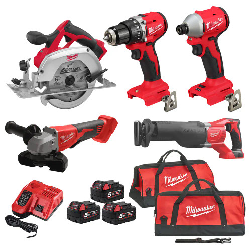 Milwaukee 6 Piece M18 Power Tool Kit, 3x 5.0Ah Batteries, Charger & 2x Tool Bags image