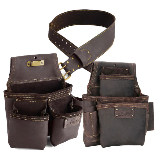 OX Pro 3.0'' Oil Tanned Leather Tool Belt, 3 Pocket Framer's Leather Tool Bag & 3 Pocket Fastener Leather Pouch image