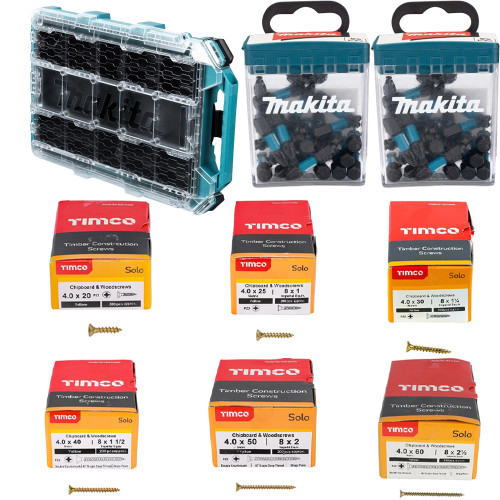 Makita P-91051 MAKTRAK Low Profile Medium Organiser Case, 50x Impact Driver Bits & 1200x Timco Wood Screws Set image