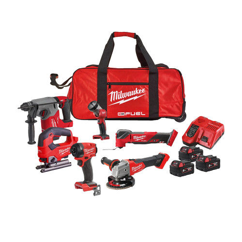 Milwaukee M18 FPP6P3-504B 6 Piece 18V FUEL Brushless Power Kit, 4x 5.0Ah Batteries, Fast Charger & FUEL Rolling Bag image