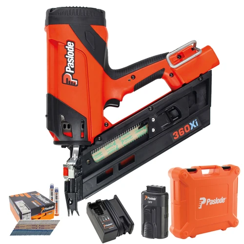 Paslode 360Xi Gas Second Fix Nail Gun, 2200x 90mm x 3.1mm Galvanised Plus Collated Nails, 1x 2.1Ah Battery, Charger & Case image