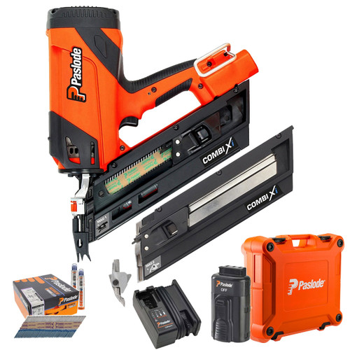 Paslode Combi Xi 2-In-1 Wood & Metal First-Fix Framing Angled Nail Gun, 1x 2.1Ah Battery, Charger, Case & 2200x  90 x 3.1mm Ring Shank Nails image