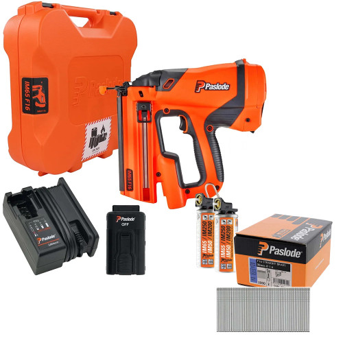 Paslode IM65 F16 7.4V Straight Second Fix Finishing Nail Gun, 2000x 16GA 38mm Straight Electro Galv  Collated Nails, 1x 2.1Ah Battery, Charger, & Case image