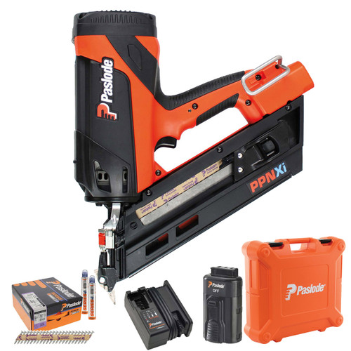 Paslode PPNXi Gas Positive Placement NJail Gun, 2500x 35mm x 3.4mm Electro Galvanised Nails 1x 2.1Ah Battery, Charger & Case image