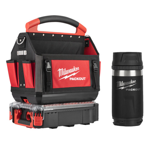 Milwaukee 3 Piece PACKOUT Compact Organiser, PACKOUT 40cm Tote Toolbag & PACKOUT Bottle with Sip Lid image