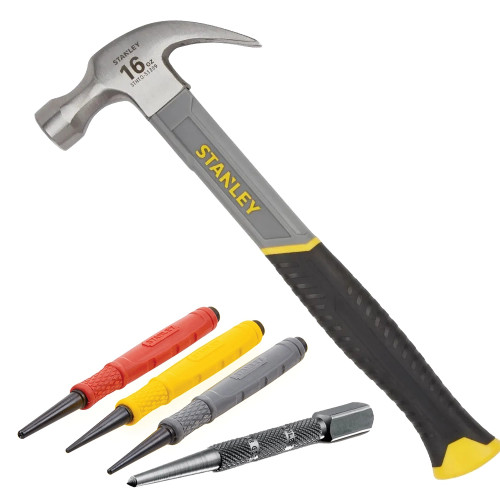 Stanley STHT0-51309 16oz (0.45kg) Curve-Claw Fiberglass Hammer & 4 Piece Dynagrip Nail Punch Set image