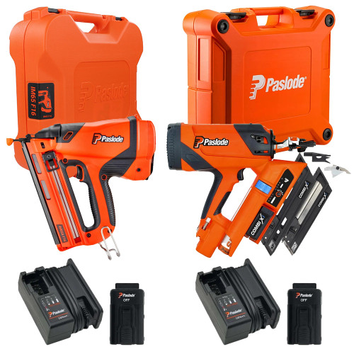 Paslode Combi Xi 2-In-1 Wood & Metal First-Fix Framing Nailer & Paslode IM65A F16 Angled Second Fix Finishing Nail Gun, 2x 2.1Ah Batteries, 2x Chargers & 2x Cases image