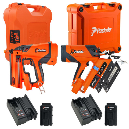 Paslode Combi Xi 2-In-1 Wood & Metal First-Fix Framing Nailer & Paslode IM65 F16 7.4V Straight Second Fix Finishing Nail Gun, 2x 2.1Ah Batteries, 2x Chargers & 2x Cases image
