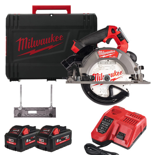 Milwaukee M18 FCSDC165-552C 18V FUEL Brushless Circular Saw with 2x 5.5Ah High Output Battery, Charger, Rail Adapter & Case image