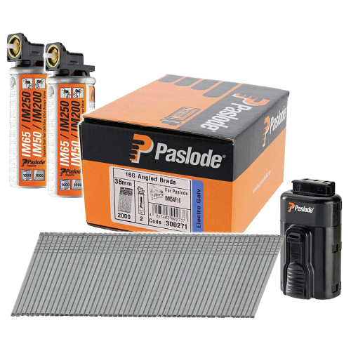 Paslode 38mm F16 / 16GA Angled Electro Galv IM65A Collated Nail & Fuel - Pack of 2000 & Battery image