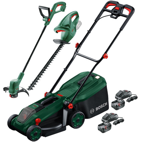 Bosch ROTAK18V-34 18V Brushless Lawnmower, EasyGrassCut 18V-26 Grass Trimmer, EasyHedgeCut 18V-44-11 Hedge Trimmer, 2x 4.0Ah Batteries & 2x Chargers image