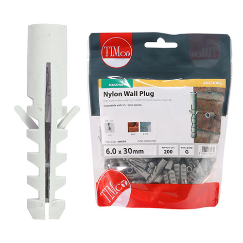 Timco 6.0mm x 30mm Nylon Plugs - Bag of 200 image
