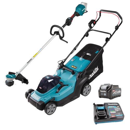 Makita LM004GZ 40V XGT 43cm Lawnmower, UR003G 40V XGT Brushless Line Trimmer, 2x 2.5Ah Batteries & Charger image