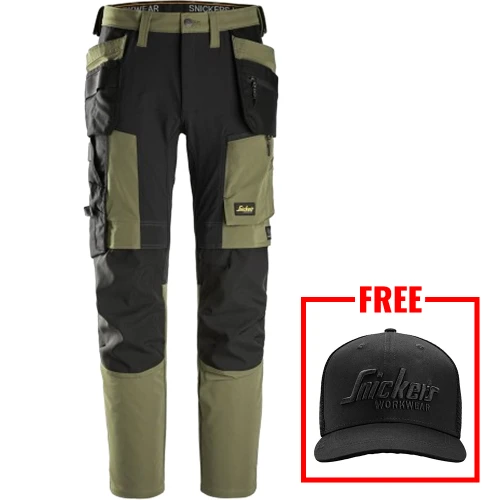 Snickers 6218 AllroundWork 4-Way Stretch Trousers with Holster Pockets - Khaki Green/Black image
