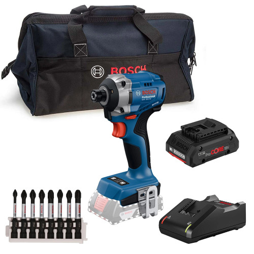 Bosch GDR 18V-215 18V Brushless Impact Driver, 8 Piece Impact Control Power Mixed Bit Set, 1x 4.0Ah ProCORE Battery, 1x Charger & Tool Bag image