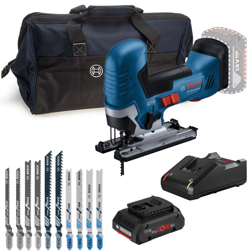 Bosch GST 18V-125 S 18V Brushless Jigsaw, 10 Piece Jigsaw Blades Set, 1x 4.0Ah ProCore Battery, 1x Charger & Tool Bag image