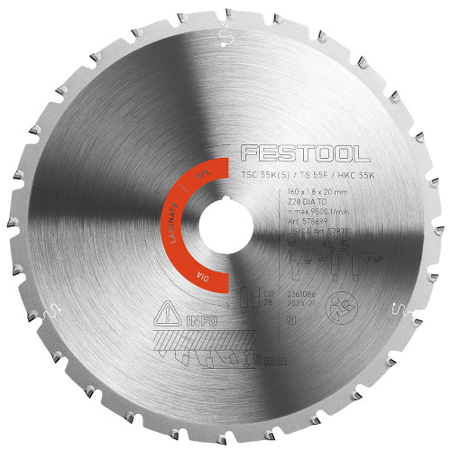 Festool 578699 160mm x 20mm 28T Diamond Circular Saw Blade for Laminate/HPL image