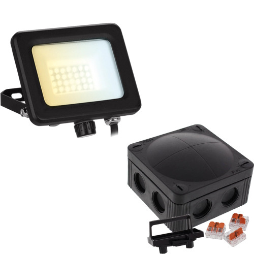 Aurora 10W LED IP65 Adjustable Floodlight (Black) with COMBI 308 Junction Box with 3x Wago 221-413 image
