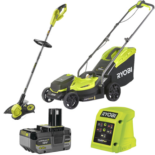 Ryobi 2 Piece 18V ONE+ Lawn Mower & Grass Trimmer Garden Power Tool Starter Kit With 4.0Ah Battery & Charger image