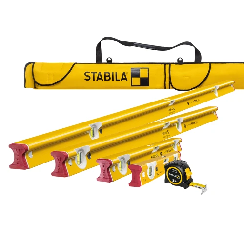 Stabila 5 Piece Type R-300 Spirit Level Set (400mm, 610mm, 1200mm & 1800mm), BM300 5m Tape Measure & Case image