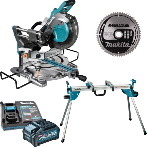 Makita LS004GZ01 40V XGT Brushless 260mm Slide Compound Mitre Saw, 4.0Ah Battery, Fast Charger, Mitre Saw Stand & 60T Blade image