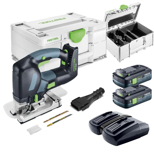 Festool PSBC 500 EB-Basic 18V Brushless Pendulum Jigsaw, 2x 4.0Ah BP 18 TBX 4 C-ASI Tabless Batteries, TCL 6 DUO Rapid Battery Charger & 2x Systainer Cases image