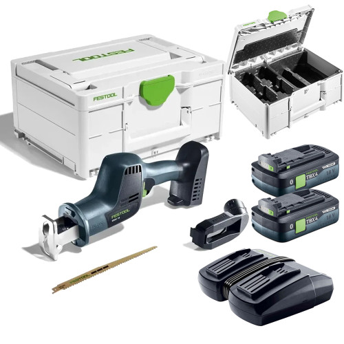 Festool ERSC 18 EB 18V Brushless Reciprocating Saw, 2x 4.0Ah BP 18 TBX 4 C-ASI Tabless Batteries, TCL 6 DUO Rapid Battery Charger & 2x Systainer Cases image