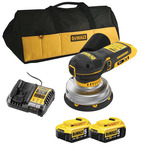 Dewalt DCW211 18V XR 125mm Random Orbital Sander, 2x 5.0Ah Batteries, Charger & Duffel Bag image