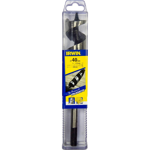 Irwin 40mm X 240mm Auger Wood Drill Bit – Single Spur, Hex Shank, Self-Feeding Screw Point, Fully Hardened