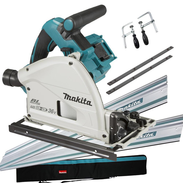 Makita DSP600ZJ 36V Twin 18V LXT Brushless Plunge Saw with 2x Rails