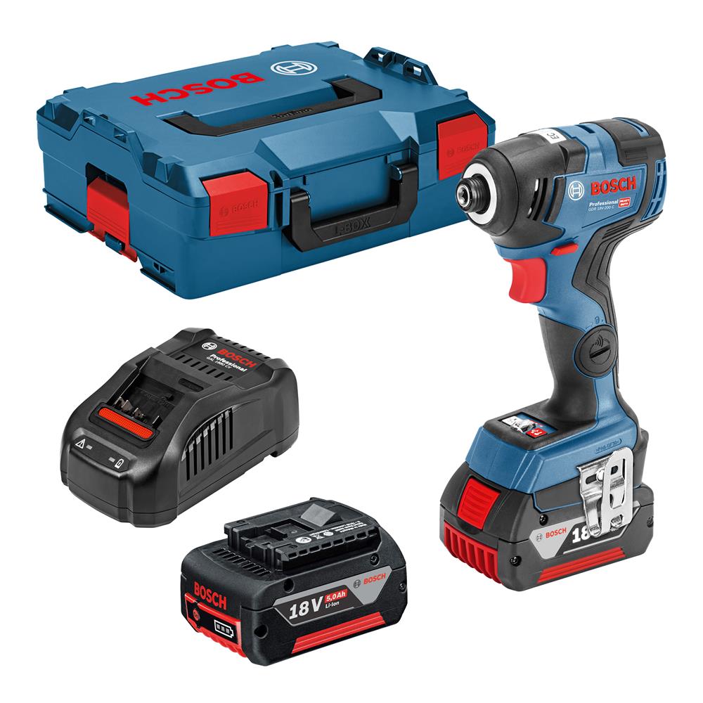 Bosch GDR 18V-200 Brushless Impact Driver with 2x 5.0Ah Batteries, Charger  & L-Case