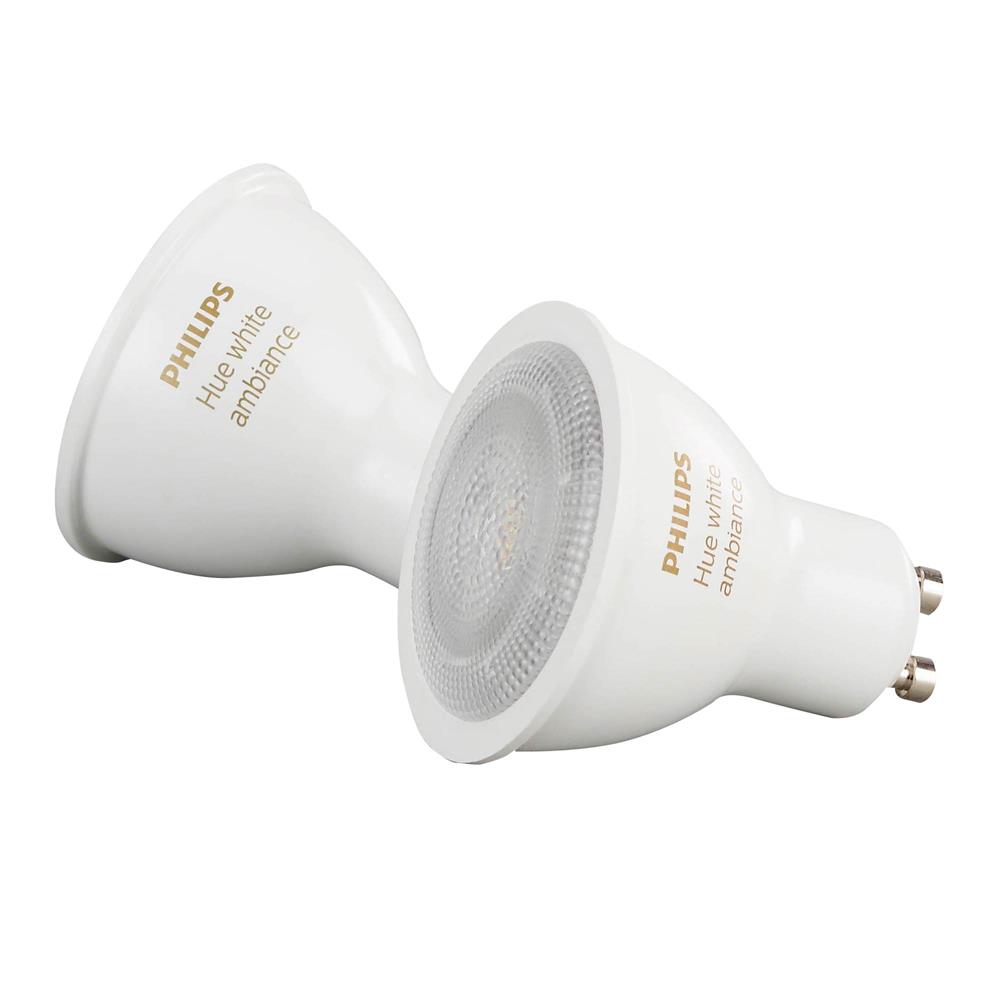 Philips Hue White Ambiance GU10 light bulbs pictured in London