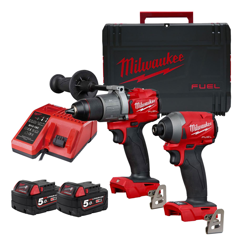 guía invernadero más Milwaukee M18 FPP2A2-502X 18V M18 FUEL 2 Piece Kit with x 5Ah Batteries,  Charger and Case