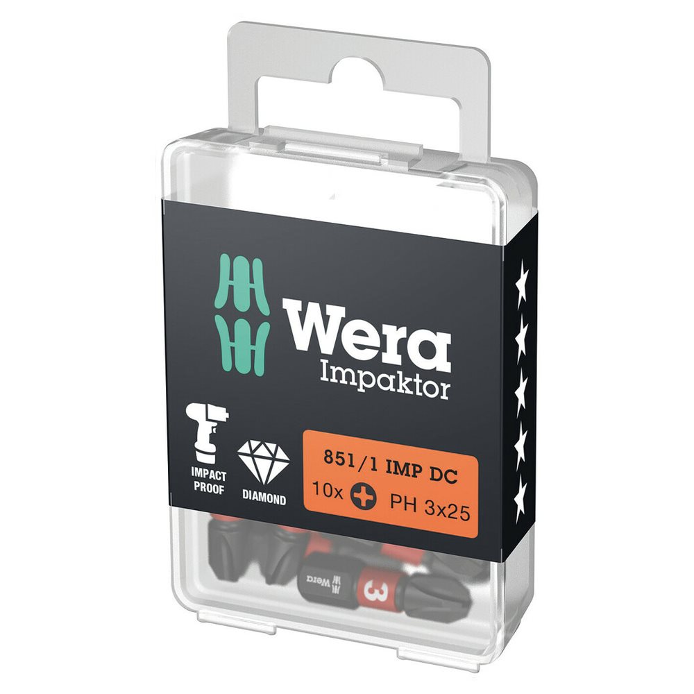 Wera Impaktor '851/1 IMP DC PH DIY' 25mm PH3 Impact Screwdriver Bits - Pack of 10