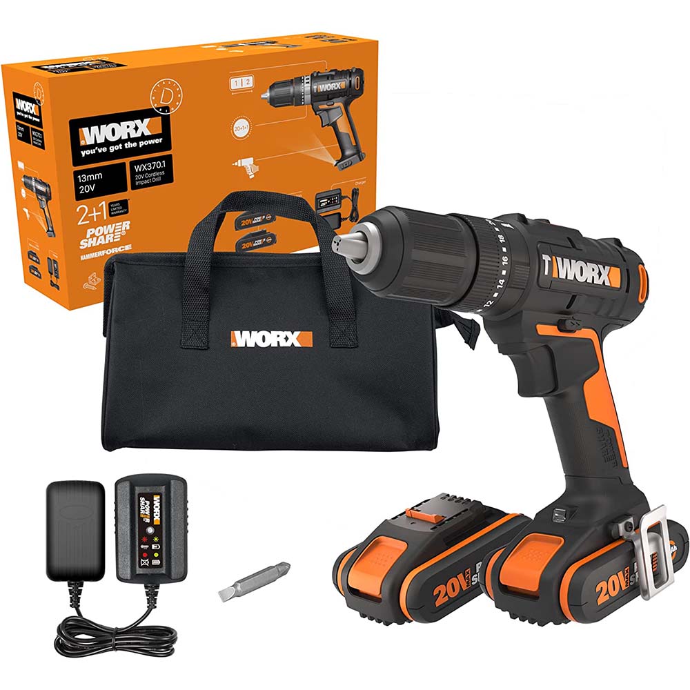 Worx WX370.1 20v Cordless Combi Drill, 2x 2.0Ah Batteries, Charger
