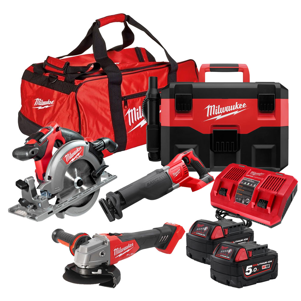 Milwaukee 18V 4 Piece Kit with 2 x 5Ah Batteries