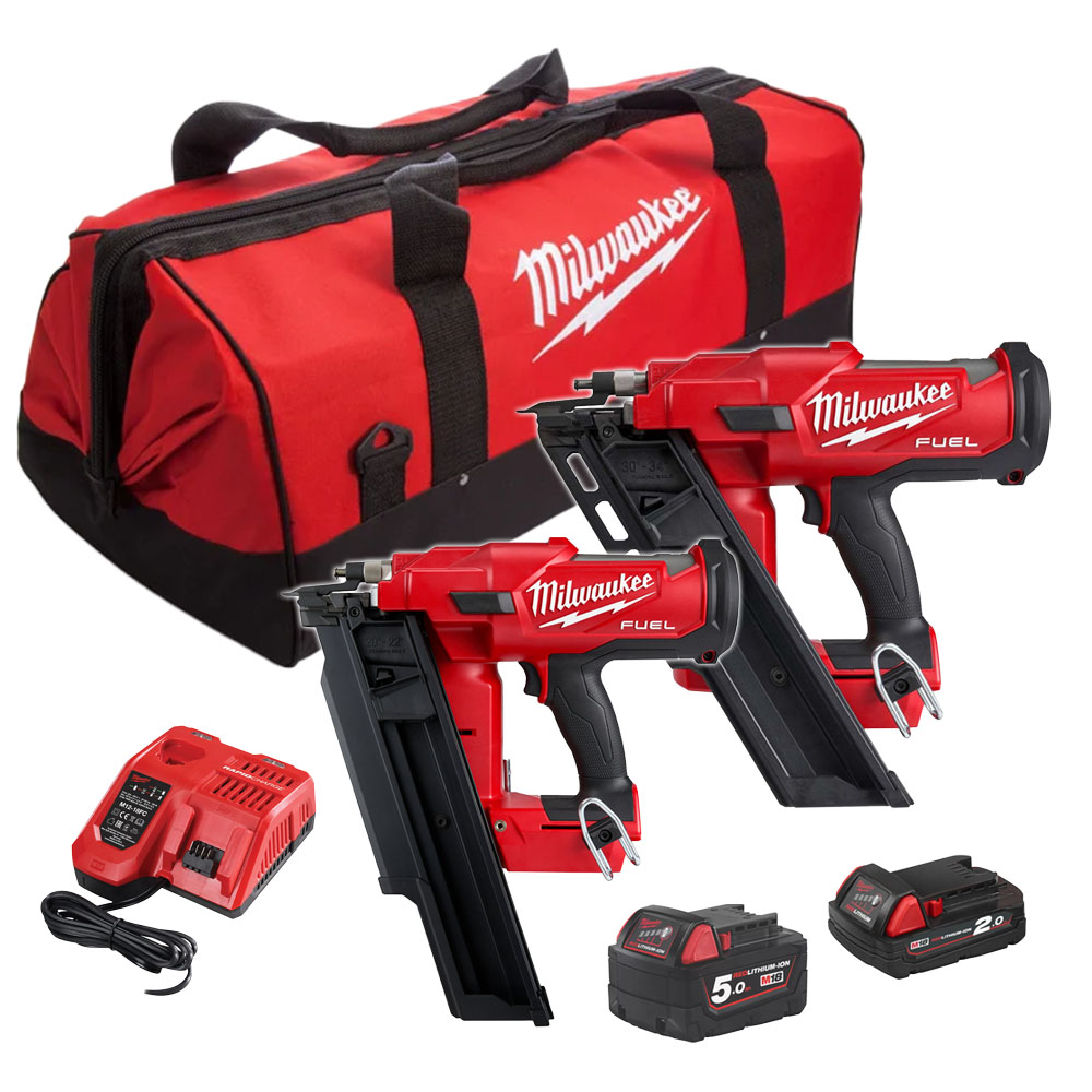 Milwaukee M18 FPP2BE-522B 18V FUEL Brushless Twin Nail Gun Set, 1x 5.0Ah  Battery, 1x 2.0Ah Battery, Charger  Contractor Bag