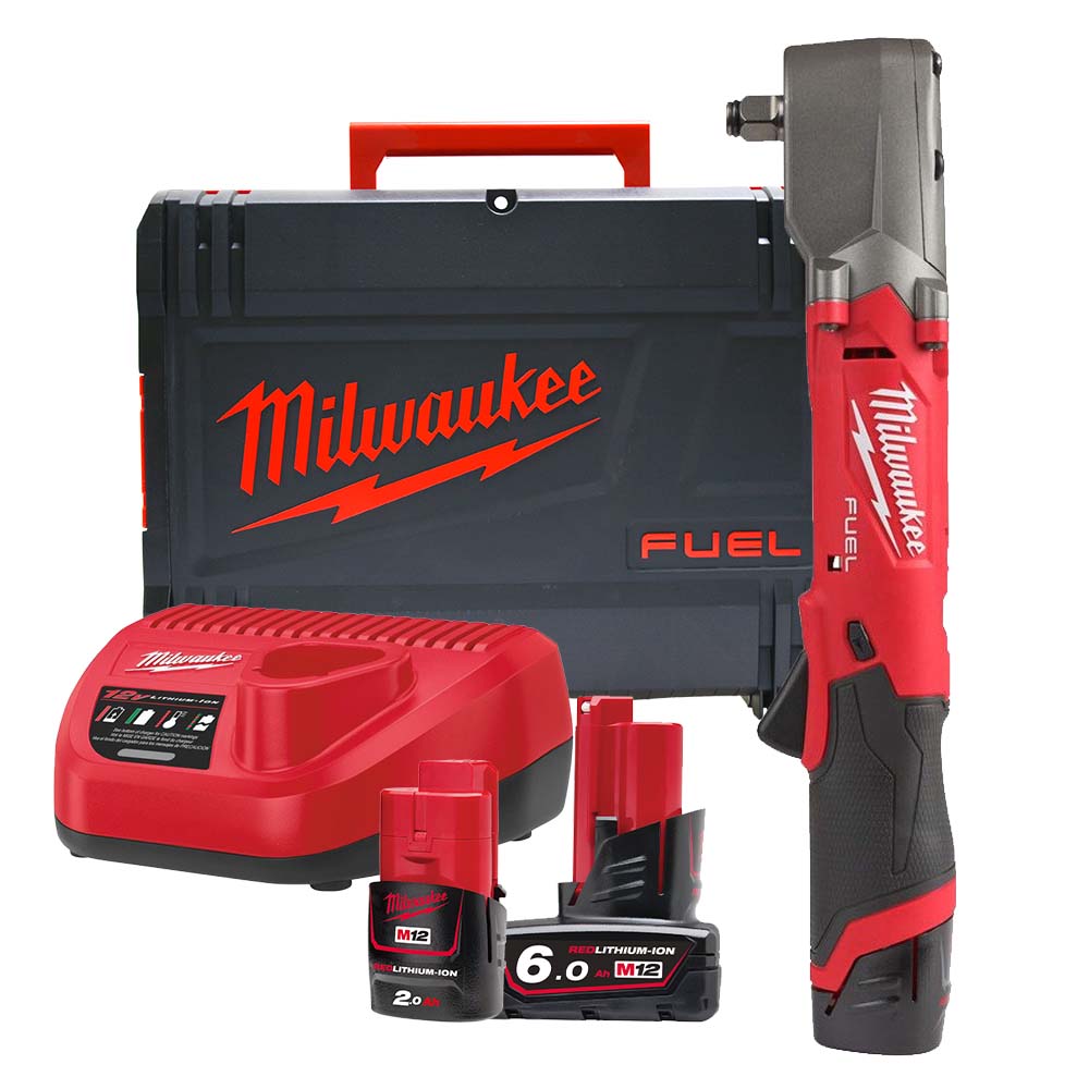 Milwaukee M12 FRAIWF38-622X 12V FUEL 3/8” Brushless Right Angle Impact  Wrench, 1x 6.0Ah Battery, 1x 2.0Ah Battery, Charger  Case