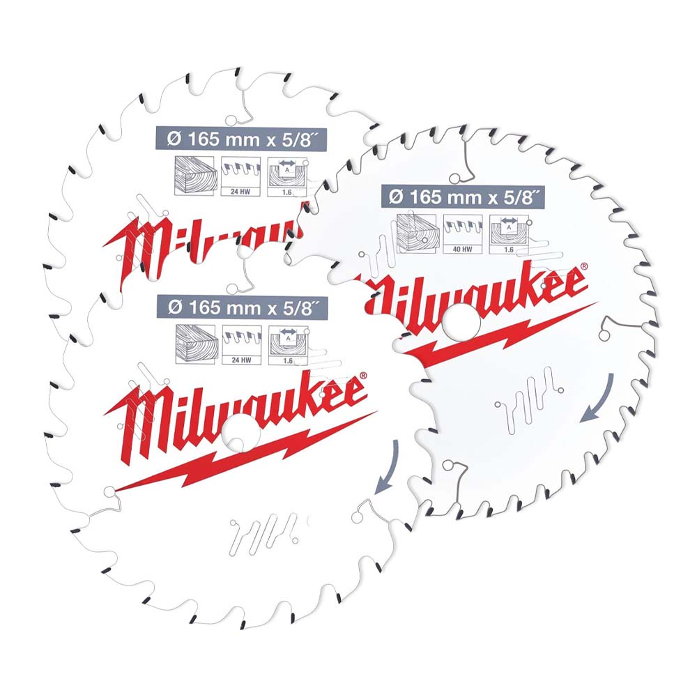 Milwaukee 3 Piece 165mm x 5/8" 24T & 40T Thin Kerf Wood Cutting Saw Blade